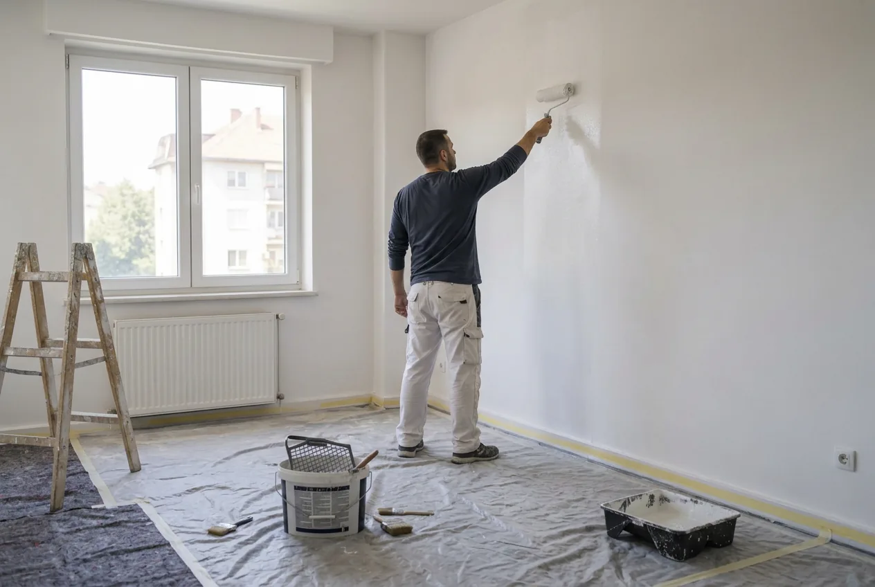 Ilustrativni prikaz molera koji valjkom kreči zid stana